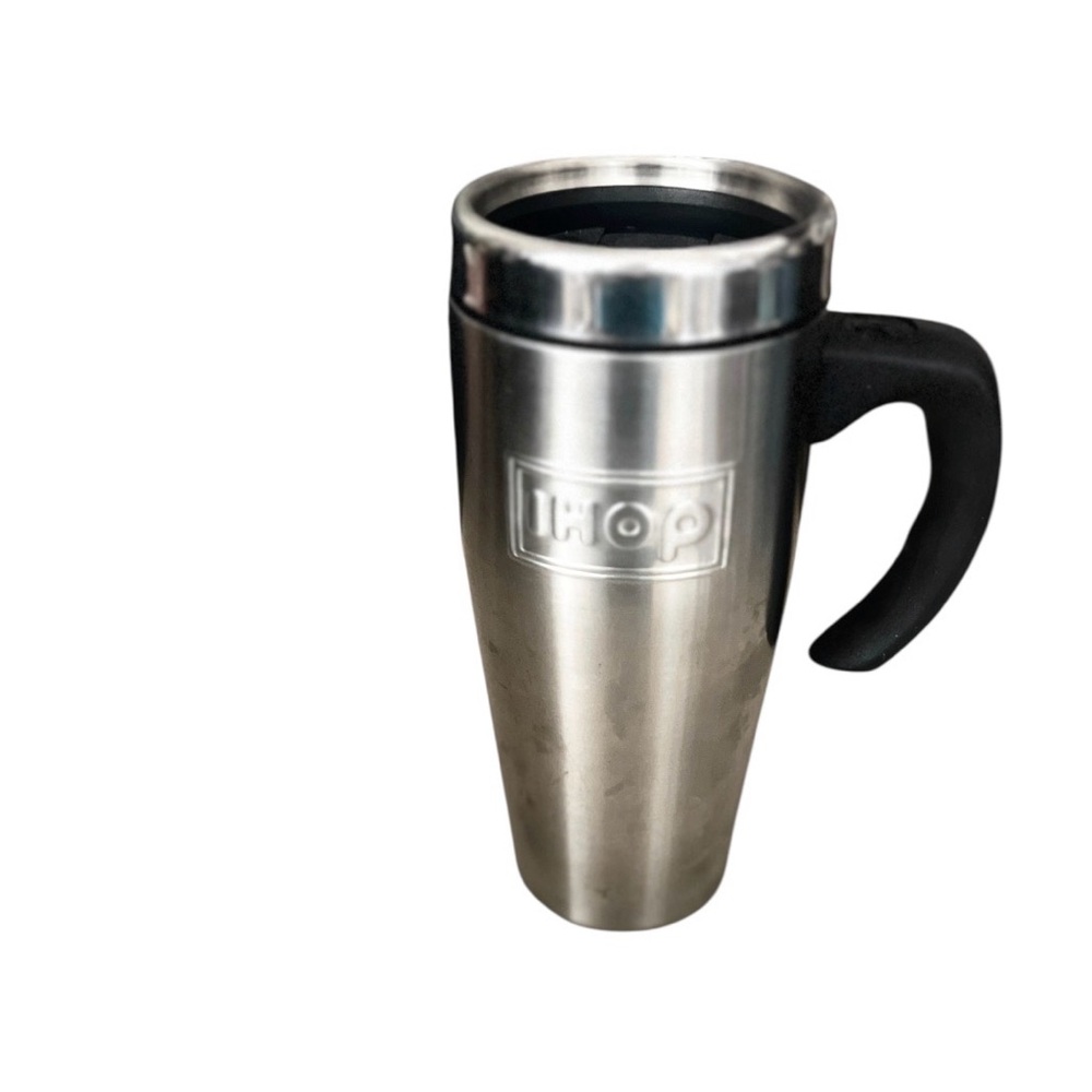 Vintage IHOP Stainless Steel Travel Mug 16oz Coffee Cup Handle Advertising 90s